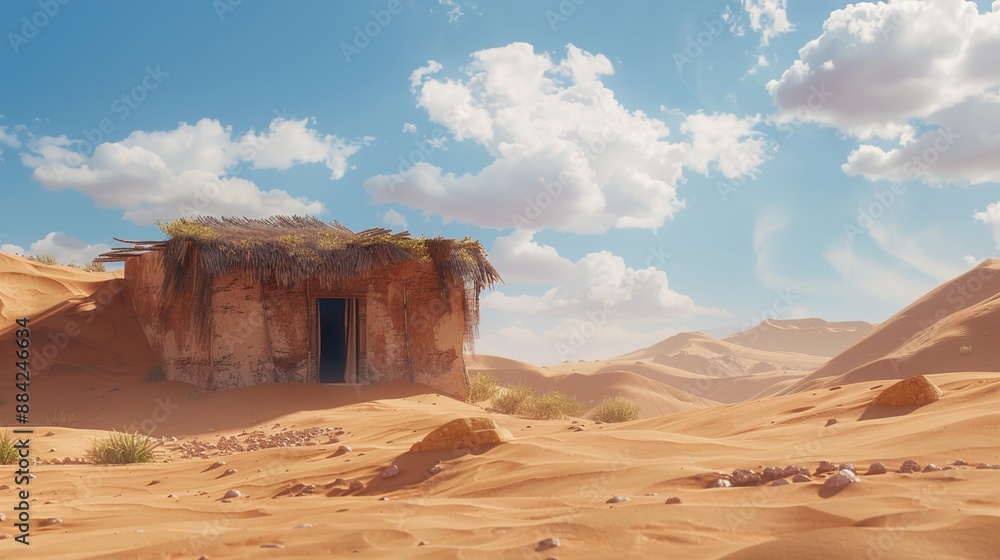 A rustic desert hut with adobe walls, nestled among sand dunes against a backdrop of endless desert landscapes, offering a peaceful oasis in the arid wilderness.