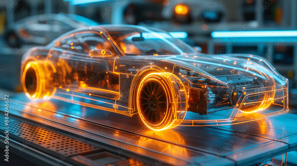A futuristic car model on a technologically advanced platform. The car's transparent body reveals its intricate mechanical components, including the engine, suspension system, and electrical A futuristic car model on a technologically advanced platform. The car's transparent body reveals its intricate mechanical components, including the engine, suspension system, and electrical