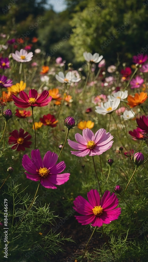 Colorful cosmos blooms gracing a garden landscap Colorful cosmos blooms gracing a garden landscap