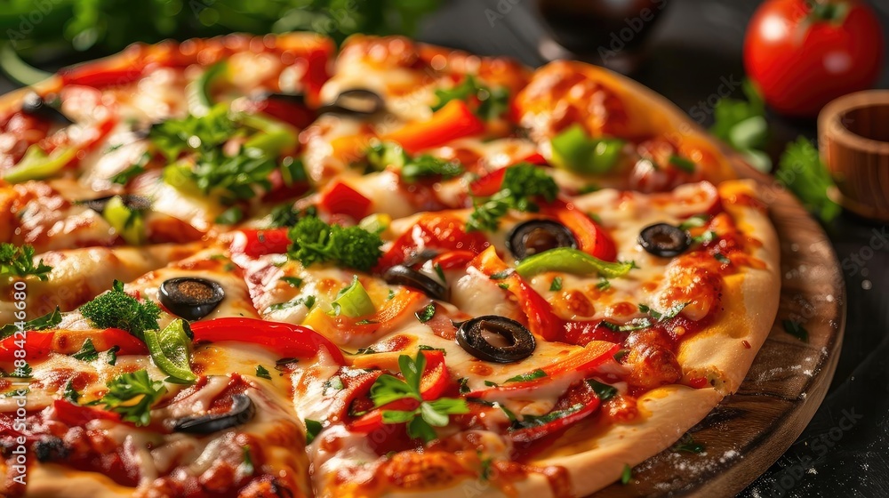 Delicious homemade pizza topped with fresh vegetables, olives, and herbs, capturing the essence of Italian cuisine in a vibrant setting. Delicious homemade pizza topped with fresh vegetables, olives, and herbs, capturing the essence of Italian cuisine in a vibrant setting.