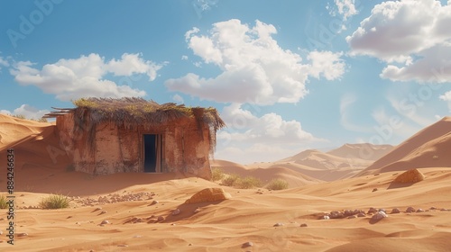 Obraz na płótnie A rustic desert hut with adobe walls, nestled among sand dunes against a backdrop of endless desert landscapes, offering a peaceful oasis in the arid wilderness. w salonie
