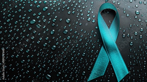 Teal Awareness Ribbon on Black Background with Water Droplets photo