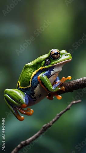 Colorful flying frog leaping between branche