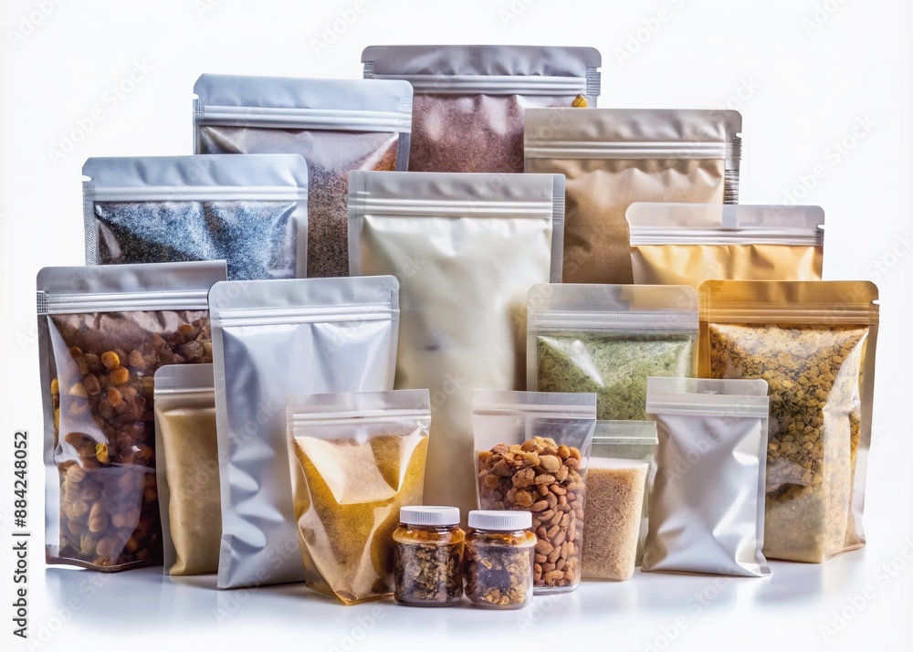 Assorted empty pouches in various sizes and shapes lie flat on a white background, ready for product filling and custom branding with labels or prints. Assorted empty pouches in various sizes and shapes lie flat on a white background, ready for product filling and custom branding with labels or prints.