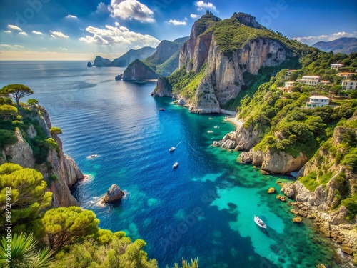 Serene Mediterranean Sea panorama from picturesque Capri Island, Italy, featuring stunning cliffs, turquoise waters, and lush green vegetation under a bright blue sky.