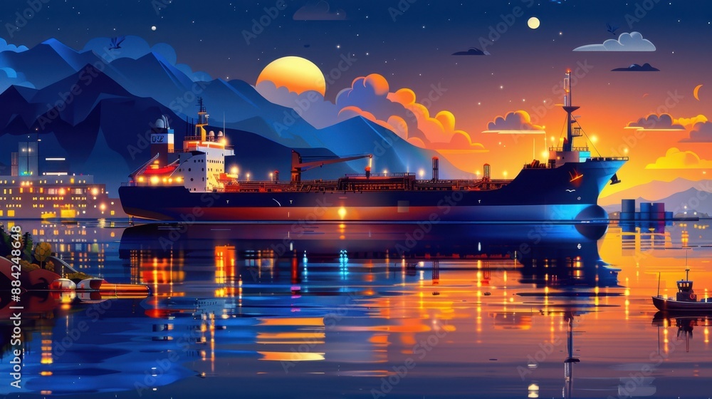 Obraz premium Oil tanker at sea, evening sky, flat design illustration 