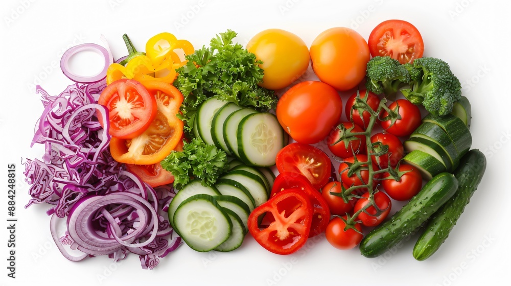 Fresh vegetables including tomatoes, cucumbers, and bell peppers arranged neatly on a transparent background, showcasing their vibrant colors and textures. Fresh vegetables including tomatoes, cucumbers, and bell peppers arranged neatly on a transparent background, showcasing their vibrant colors and textures.