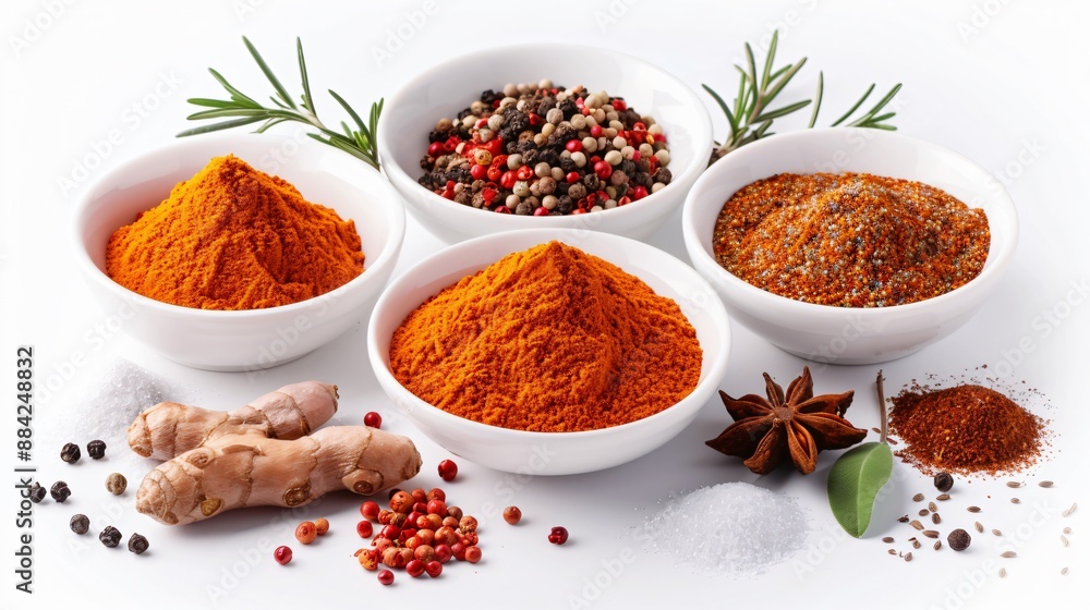 A selection of exotic spices in small bowls, featuring turmeric, paprika, and cumin, isolated on a transparent background with each spice vividly displayed. A selection of exotic spices in small bowls, featuring turmeric, paprika, and cumin, isolated on a transparent background with each spice vividly displayed.