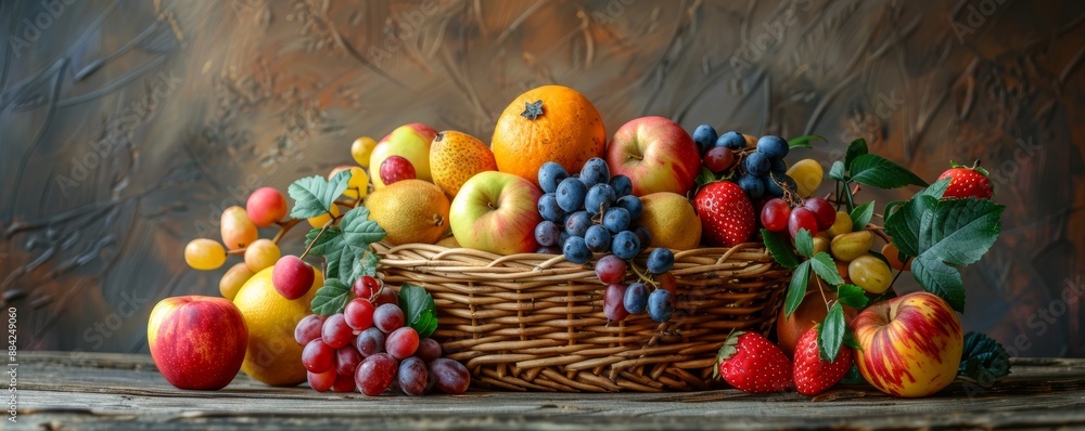 A vibrant still life of fresh fruits in a wicker basket, featuring apples, oranges, grapes, and berries on a rustic wooden table. A vibrant still life of fresh fruits in a wicker basket, featuring apples, oranges, grapes, and berries on a rustic wooden table.