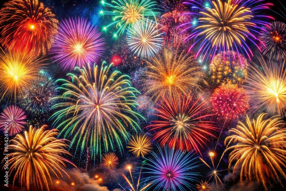 Vibrant swirling colors explode in a kaleidoscope of patterns against a dark night sky, creating a stunning abstract firework display for a festive New Year celebration. Vibrant swirling colors explode in a kaleidoscope of patterns against a dark night sky, creating a stunning abstract firework display for a festive New Year celebration.