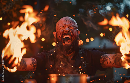 A man passionately performing a fiery fire show outdoors, creating an intense and dramatic visual spectacle with flames. photo