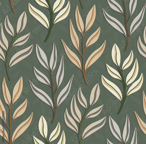 Seamless minimal olive green leaf vector pattern design