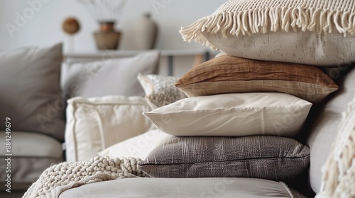 Obraz na płótnie A stack of plush throw pillows in various textures and shades, arranged on a cozy sofa against a backdrop of soft ivory, inviting relaxation and comfort. w salonie