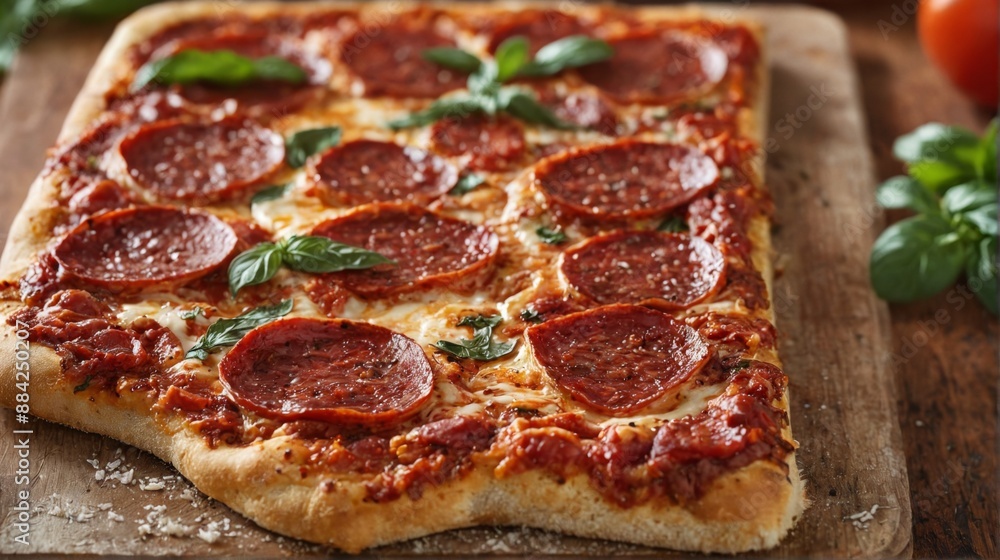 close-up square pizza baking sheet has golden-brown crust close-up square pizza baking sheet has golden-brown crust