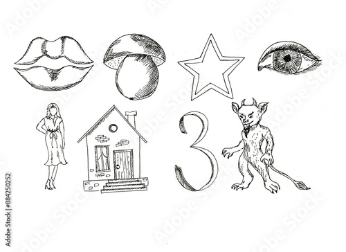 Lips, mushroom, star, eye, woman, house, number three, damn. A sketch. A hand-drawn drawing. A design element. Clip-Art