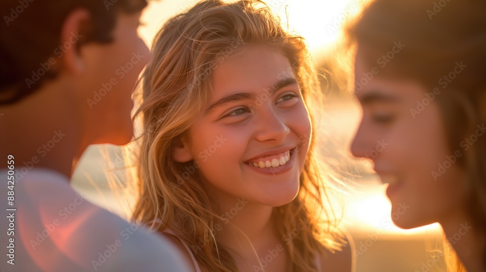 Young woman laughs and smiles among her friends outside in a social group event Young woman laughs and smiles among her friends outside in a social group event