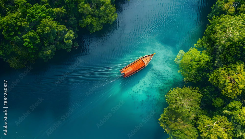 Aerial view of a boat gliding on crystal clear turquoise water between lush green trees, creating beautiful waves in a serene tropical paradise. Aerial view of a boat gliding on crystal clear turquoise water between lush green trees, creating beautiful waves in a serene tropical paradise.