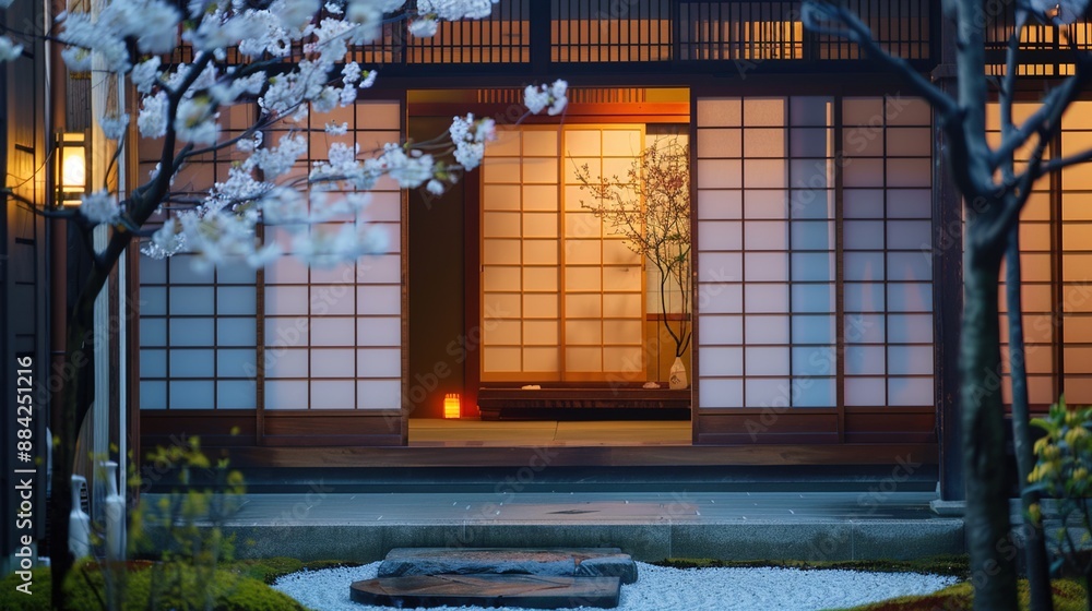 A traditional Japanese ryokan hut with paper sliding doors, surrounded by a tranquil garden against a backdrop of cherry blossoms, offering a peaceful retreat for travelers.