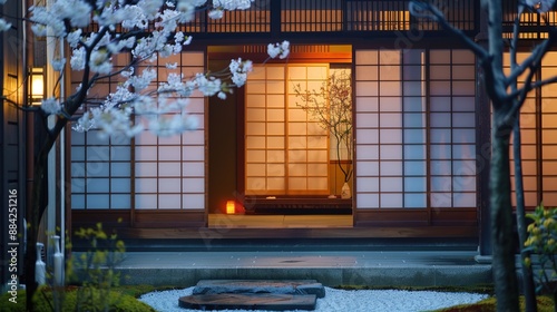 Obraz na płótnie A traditional Japanese ryokan hut with paper sliding doors, surrounded by a tranquil garden against a backdrop of cherry blossoms, offering a peaceful retreat for travelers. w salonie