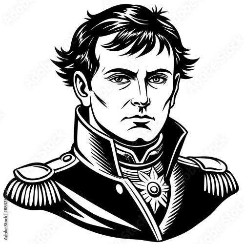 The black and white illustration depicts a man in a military attire