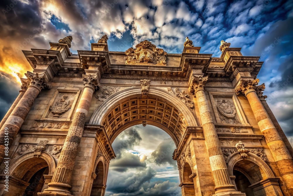 Obraz premium Majestic ancient archway stands proudly against a cloudy sky, showcasing intricate stone carvings and ornate details, evoking a sense of history and grandeur.