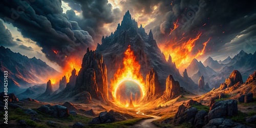 Vibrant flames engulf a mystical portal piercing through a rugged mountain, emitting an aura of enchantment and magic, amidst a backdrop of dark, foreboding skies. photo