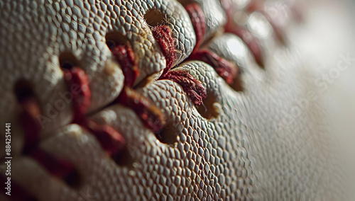 Close-up image of a baseball's intricate stitching detail, highlighting the texture and craftsmanship. Ideal for sports-themed content.