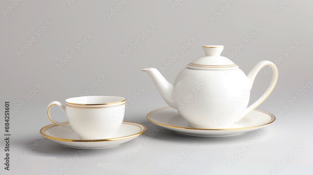 Elegant porcelain tea set with a delicate gold rim displayed on a clean white background, exuding sophistication and charm, perfect for any kitchen or dining table Elegant porcelain tea set with a delicate gold rim displayed on a clean white background, exuding sophistication and charm, perfect for any kitchen or dining table