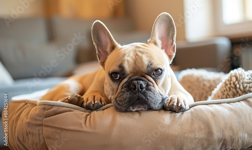 Cute French Bulldog lying on a pet bed at home, relaxed and content. © Dalibor