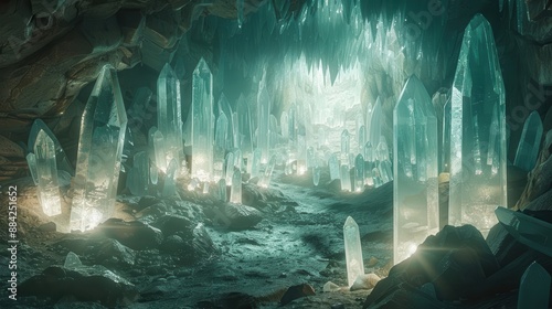A hidden cave filled with glowing crystals, each one imbued with a different magical power, in white background