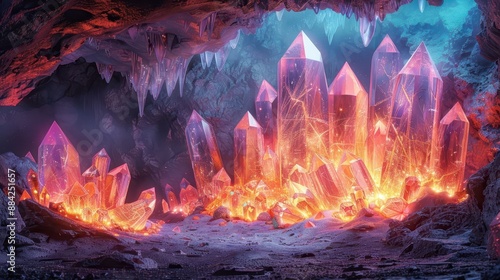 A hidden cave filled with glowing crystals, each one imbued with a different magical power, in white background