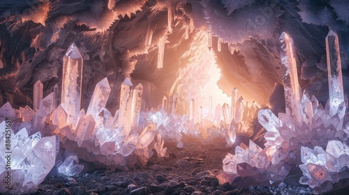 A hidden cave filled with glowing crystals, each one imbued with a different magical power, in white background