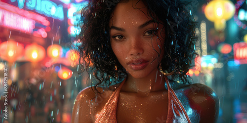 Captivating portrait of a woman in the rain under vibrant neon lights, blending urban allure with mysterious energy photo