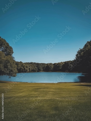 Serene landscape with a lawn, blue sky, and lake surrounded by trees, captured in low saturation for a minimalistic, simple, and clean real photography effect. photo