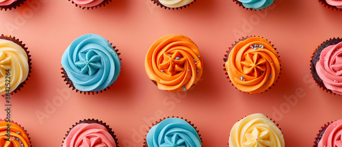 Colorful frosted cupcakes with vibrant icing arranged in a neat pattern on a pastel background. Perfect for dessert-themed designs and celebrations.