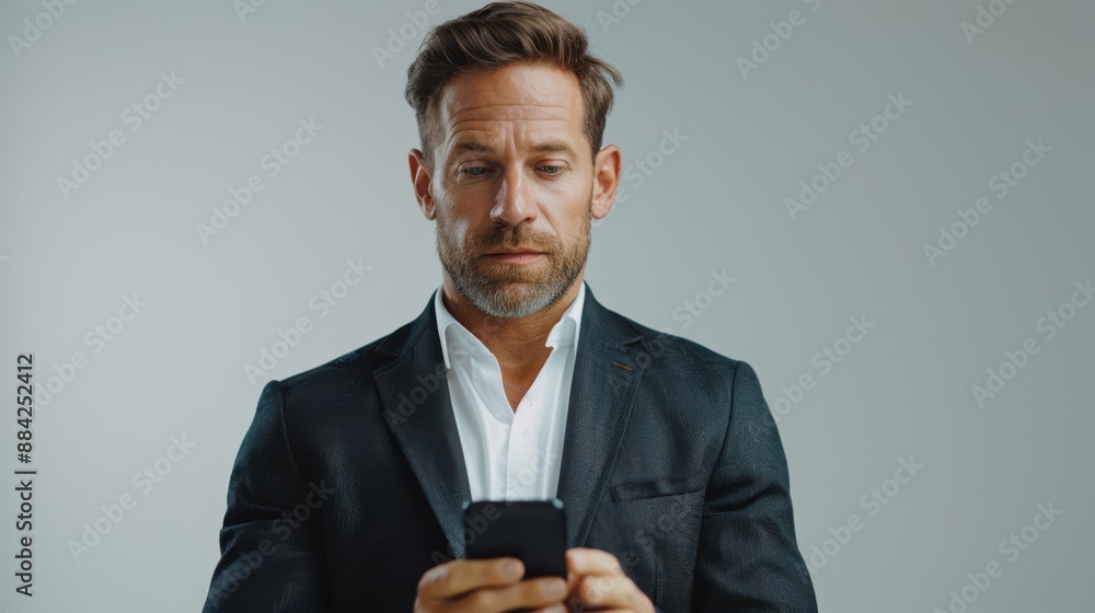 Businessman in suit focusing on mobile phone, checking messages, and staying connected in modern workspace Businessman in suit focusing on mobile phone, checking messages, and staying connected in modern workspace