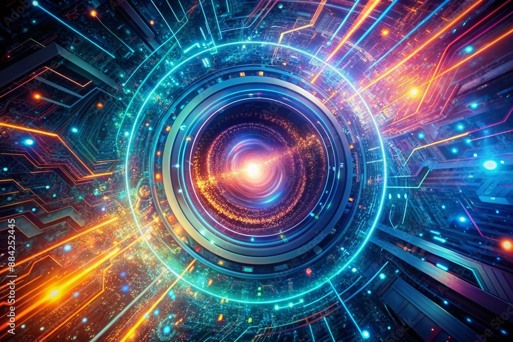 Surreal digital vortex swirls with neon code, futuristic circuits, and abstract shapes on a glowing computer screen, evoking a hypnotic and extraterrestrial feel. Surreal digital vortex swirls with neon code, futuristic circuits, and abstract shapes on a glowing computer screen, evoking a hypnotic and extraterrestrial feel.