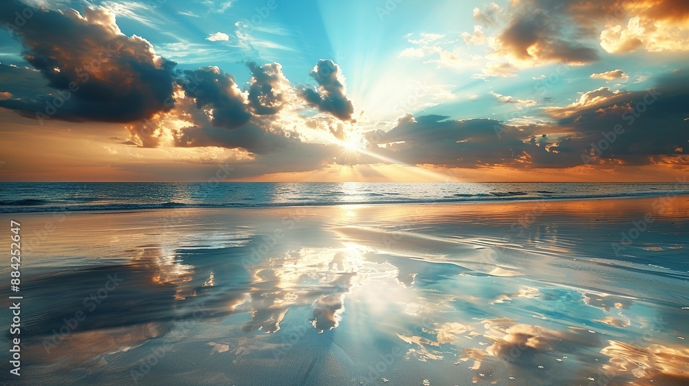 A beach scene at sunset, with crepuscular rays shining through the clouds and reflecting off the water. A beach scene at sunset, with crepuscular rays shining through the clouds and reflecting off the water.