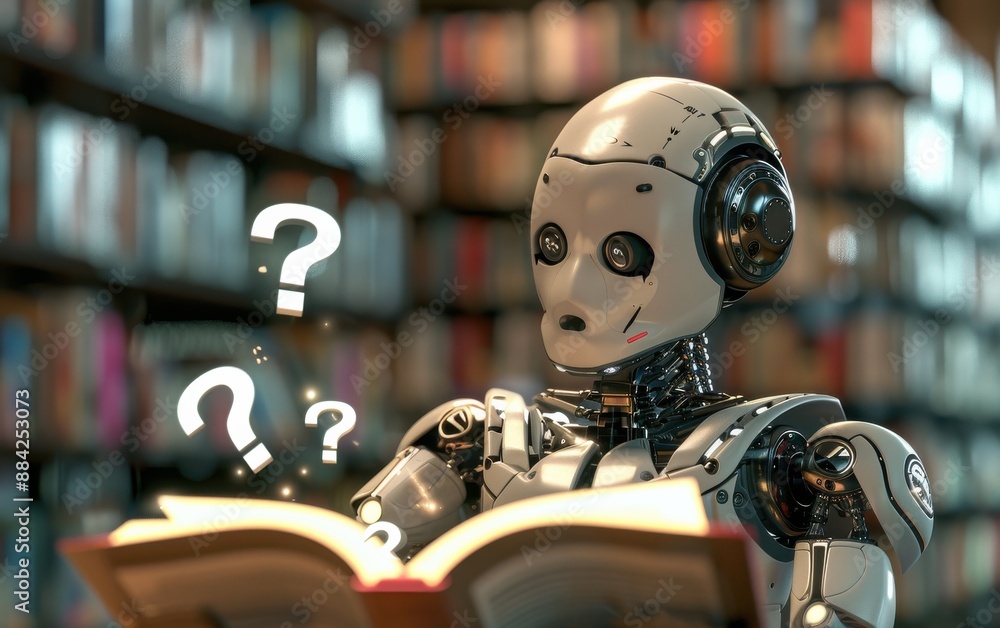 Fototapeta premium Curious Robot Reading a Book in Library with Question Marks