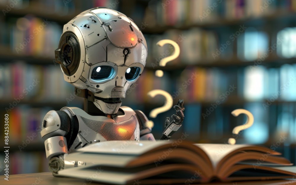 Fototapeta premium Futuristic Robot Reading a Book in a Modern Library Setting