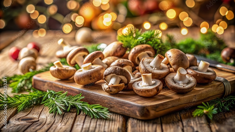 Fresh sliced mushrooms lie on a rustic wooden board, surrounded by gentle bokeh, evoking warmth and coziness, ideal for holiday cooking and seasonal recipes. Fresh sliced mushrooms lie on a rustic wooden board, surrounded by gentle bokeh, evoking warmth and coziness, ideal for holiday cooking and seasonal recipes.