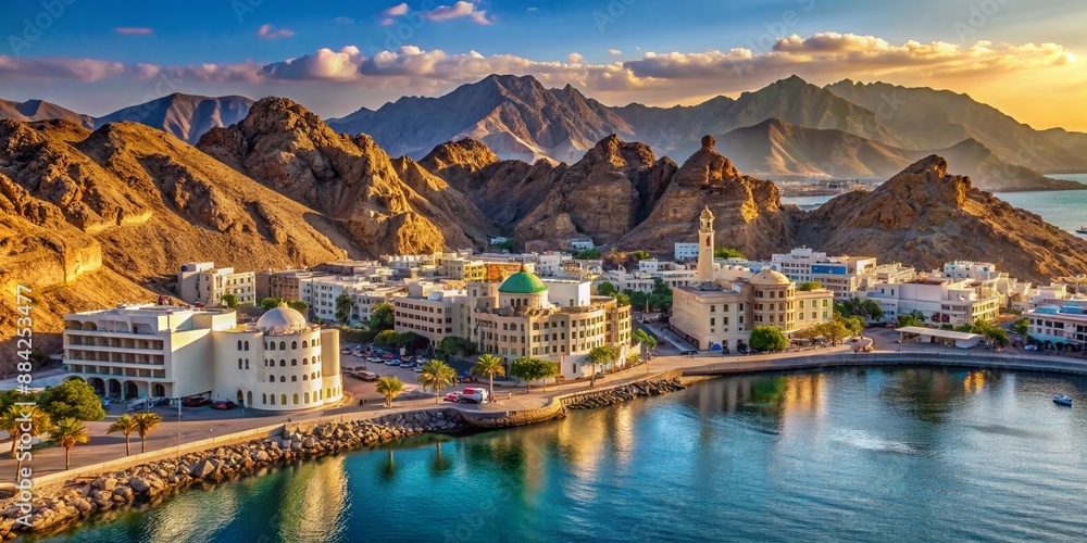 Naklejka premium Panoramic view of Muscat's majestic skyline with modern architecture set against a stunning coastal and mountainous backdrop of rugged hills and blue waters.