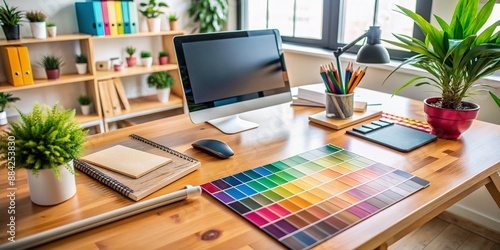 Wallpaper Mural Creative workspace featuring a sleek graphic tablet and vibrant color swatches on a wooden desk, surrounded by design inspiration and artistic tools. Torontodigital.ca