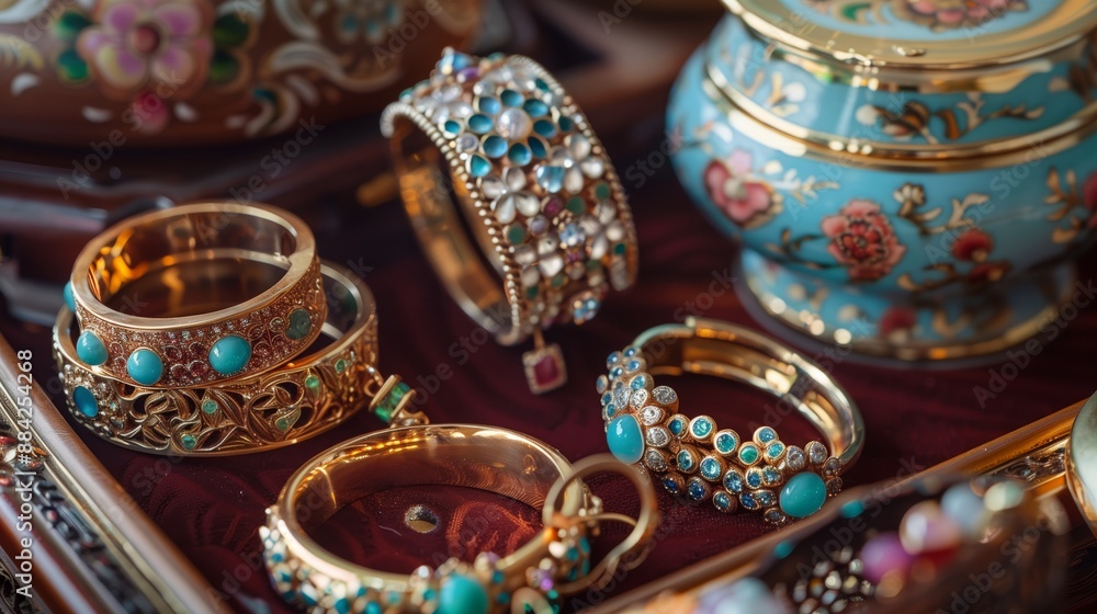 Peranakan jewelry, with intricate patterns, blends Chinese, Malay, and Indian influences, showcasing unique heritage. Peranakan jewelry, with intricate patterns, blends Chinese, Malay, and Indian influences, showcasing unique heritage.