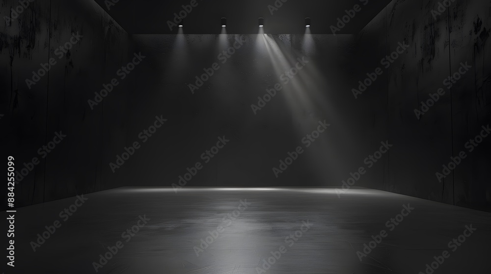 Obraz premium Dark black studio with gradient light in empty room background, showcase wall and floor interior for product display. 