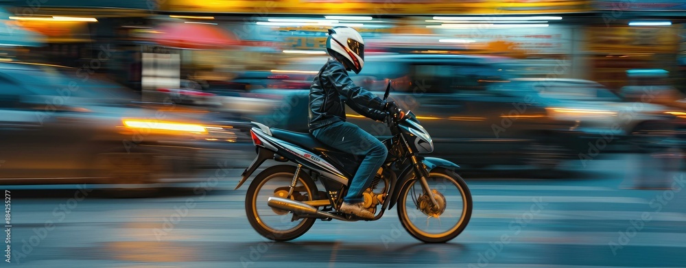 A person wearing a helmet and a leather jacket rides a motorcycle on a busy street at night, with motion blur indicating high speed and bustling city lights. A person wearing a helmet and a leather jacket rides a motorcycle on a busy street at night, with motion blur indicating high speed and bustling city lights.