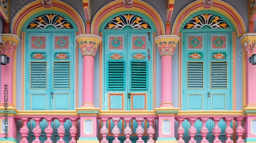 Peranakan architecture blends Chinese, Malay, and colonial influences with intricate, vibrant designs.