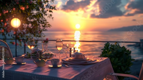 An exquisite seaside dinner table set for romance with a stunning ocean view and a vibrant sunset casting a warm glow. photo