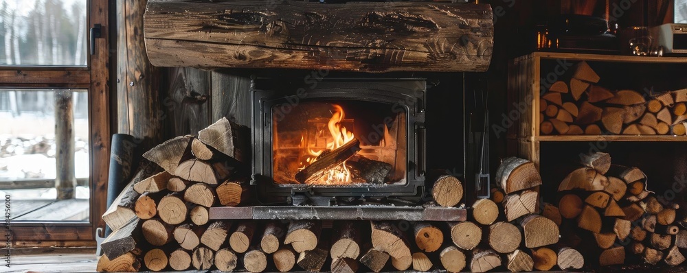 Cozy cabin interior with a rustic fireplace burning wood logs, creating a warm and inviting atmosphere for relaxation and comfort. Cozy cabin interior with a rustic fireplace burning wood logs, creating a warm and inviting atmosphere for relaxation and comfort.