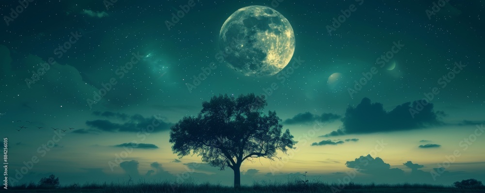 Serene night landscape with a silhouetted tree under a big moon and starry sky, evoking a peaceful and mystical atmosphere. Serene night landscape with a silhouetted tree under a big moon and starry sky, evoking a peaceful and mystical atmosphere.